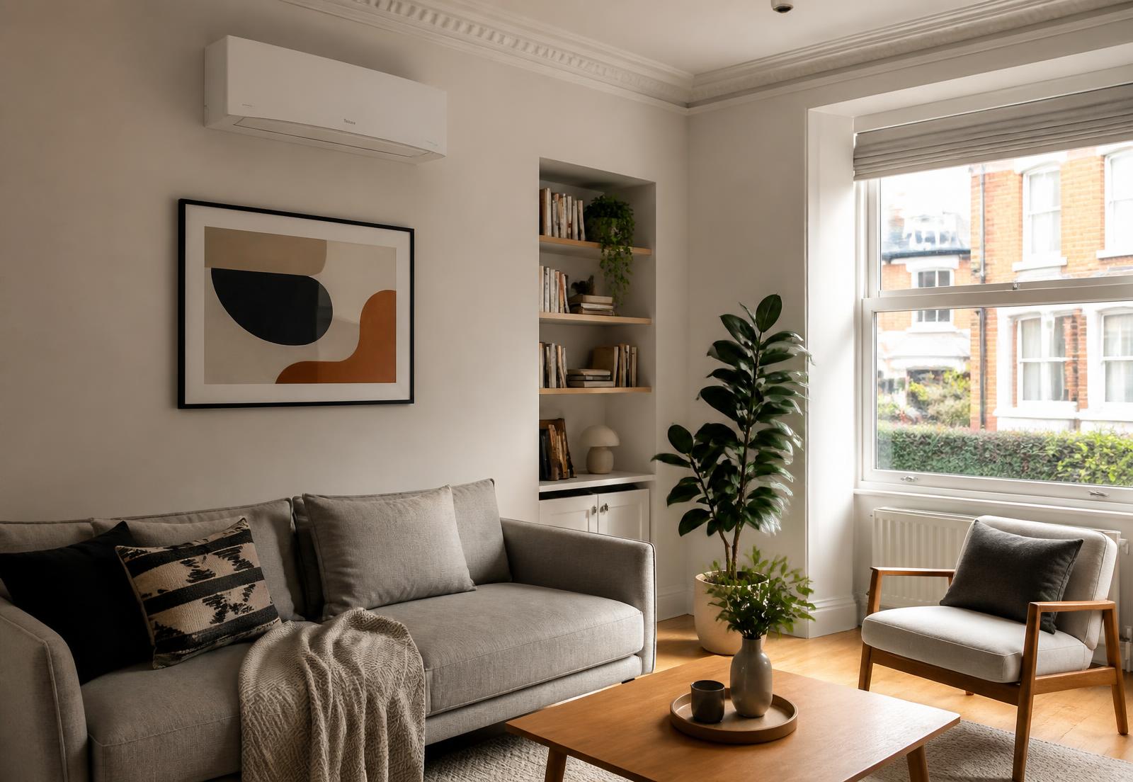 A bright UK living room with a slim wall-mounted Clime Air unit above the sofa